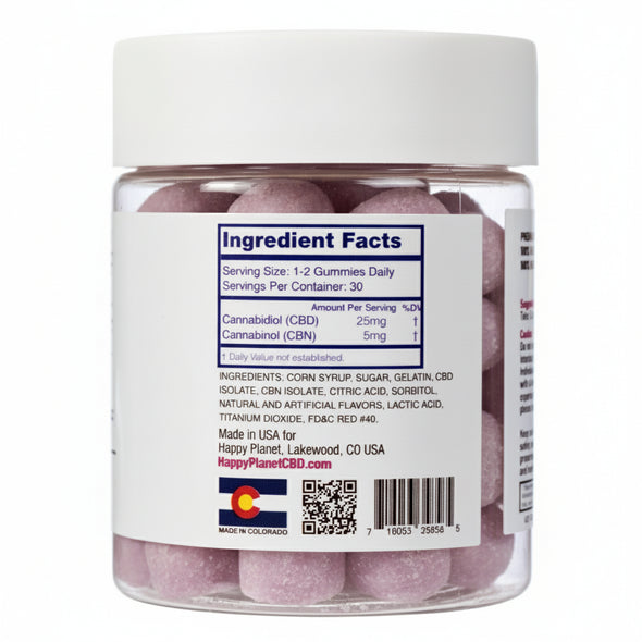 Jar of gummies with ingredient facts label