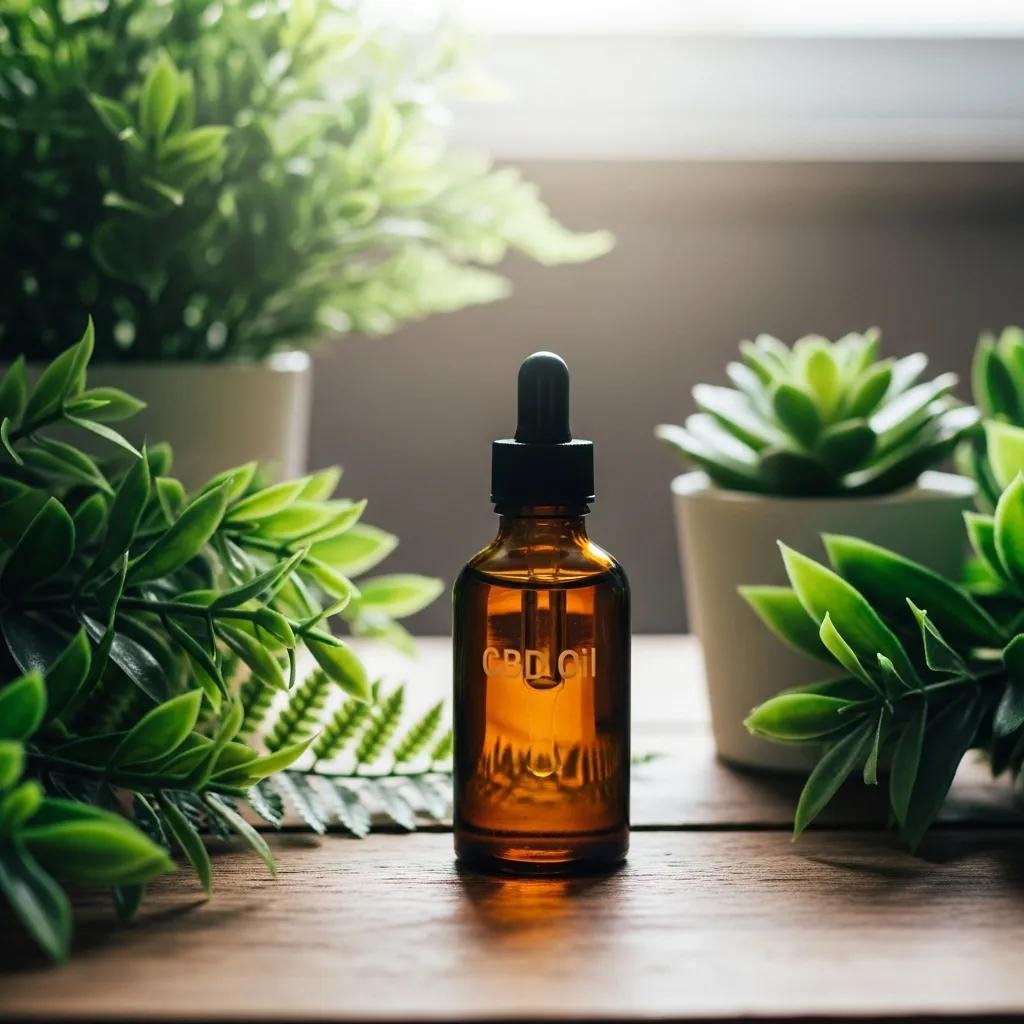 CBD oil bottle surrounded by greenery, symbolizing natural anxiety relief