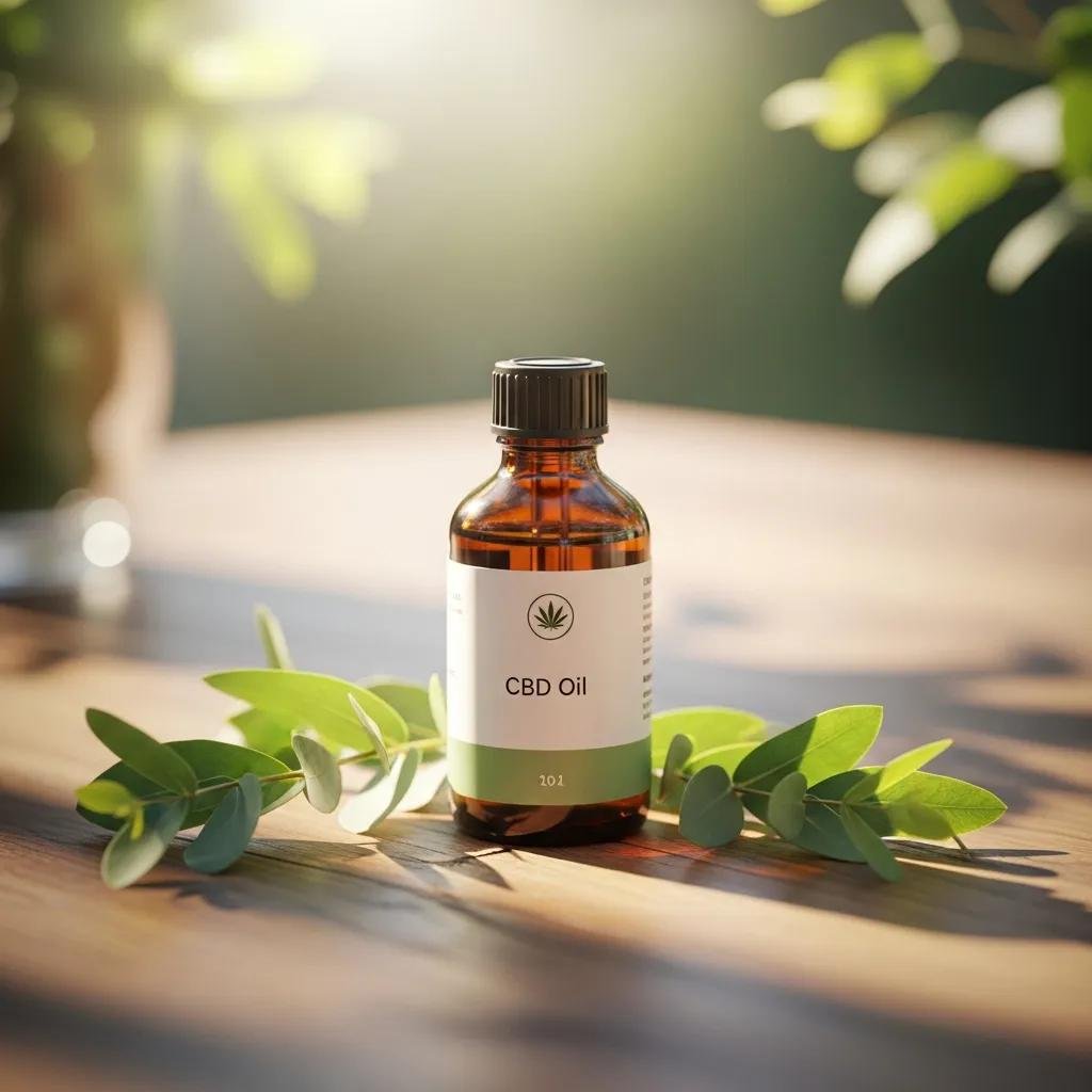 CBD oil bottle with natural elements representing pain relief benefits