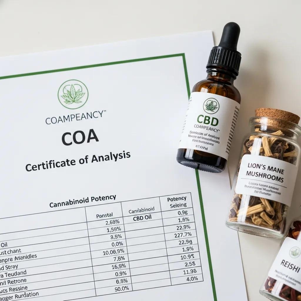 Certificate of Analysis (COA) beside CBD oil and mushroom capsules, illustrating product verification