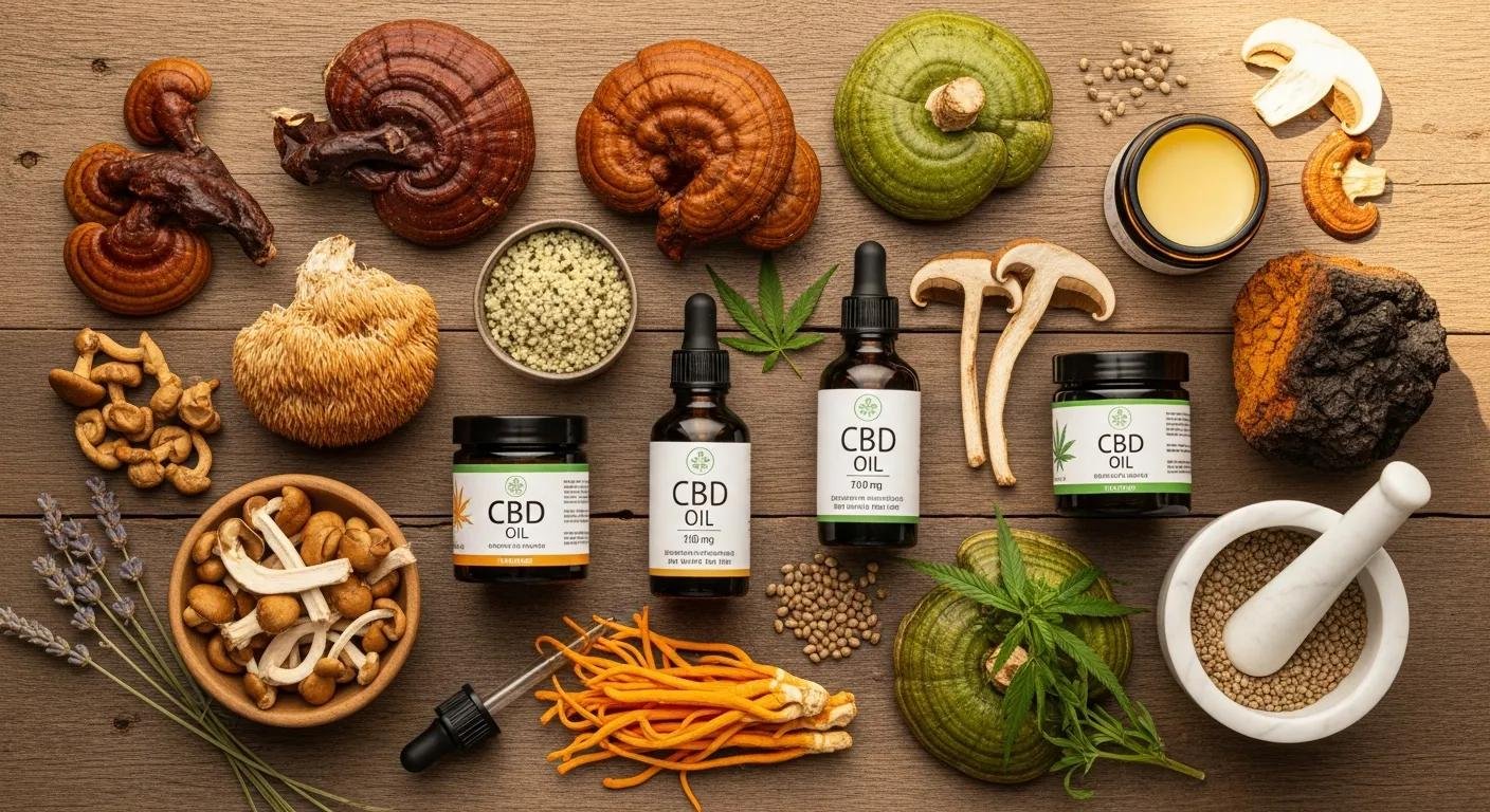 Arrangement of functional mushrooms and CBD oil, highlighting natural health benefits