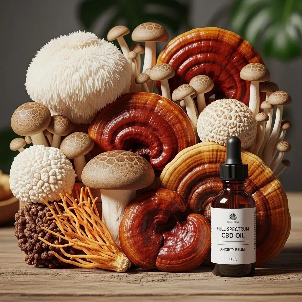 Functional mushrooms and CBD oil, illustrating their combined benefits for anxiety relief