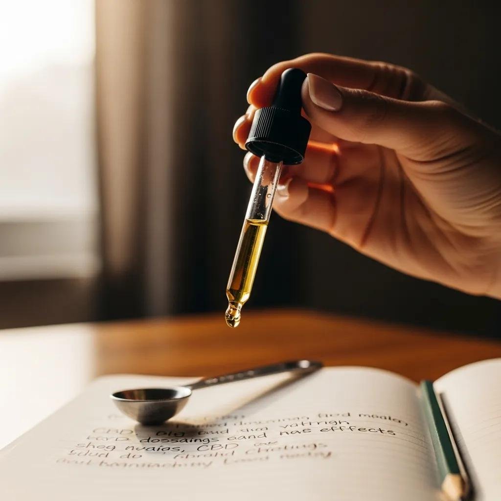 Hand holding CBD oil dropper with measuring spoon, emphasizing dosage for anxiety management