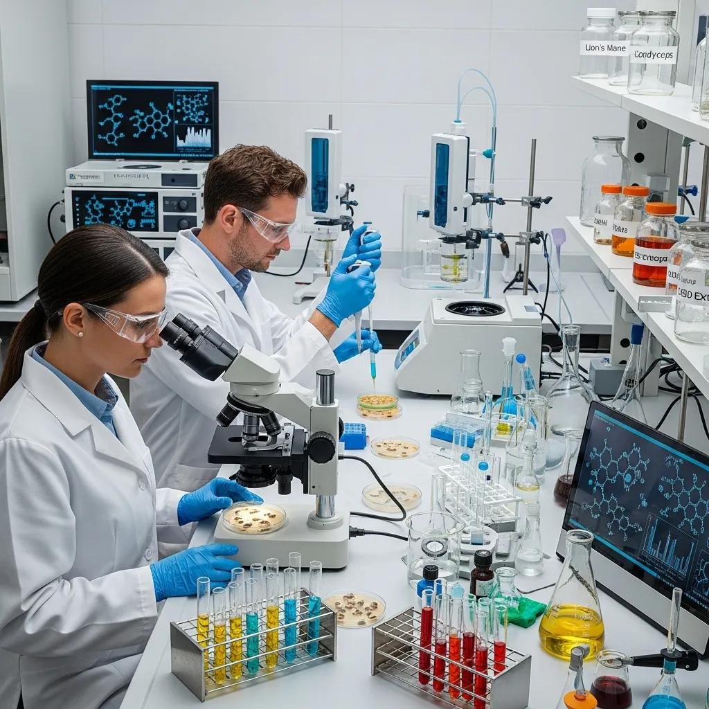 Laboratory analysis of CBD and functional mushrooms showcasing testing equipment and samples