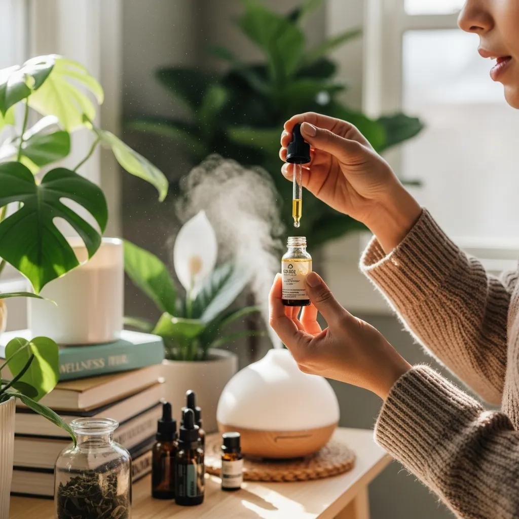 Person measuring CBD oil in a cozy home setting, emphasizing wellness and personalized health