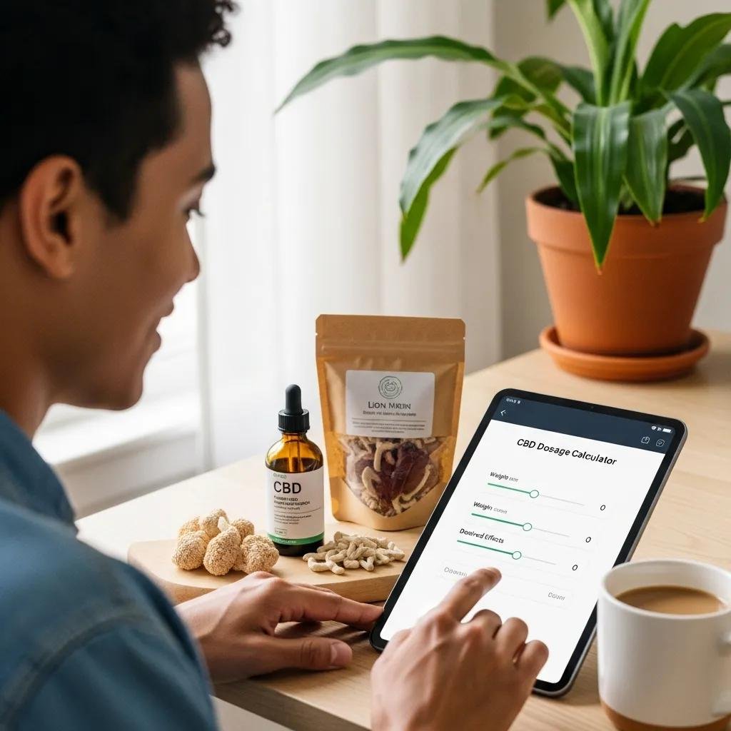 Person using a CBD dosage calculator on a device, surrounded by wellness products