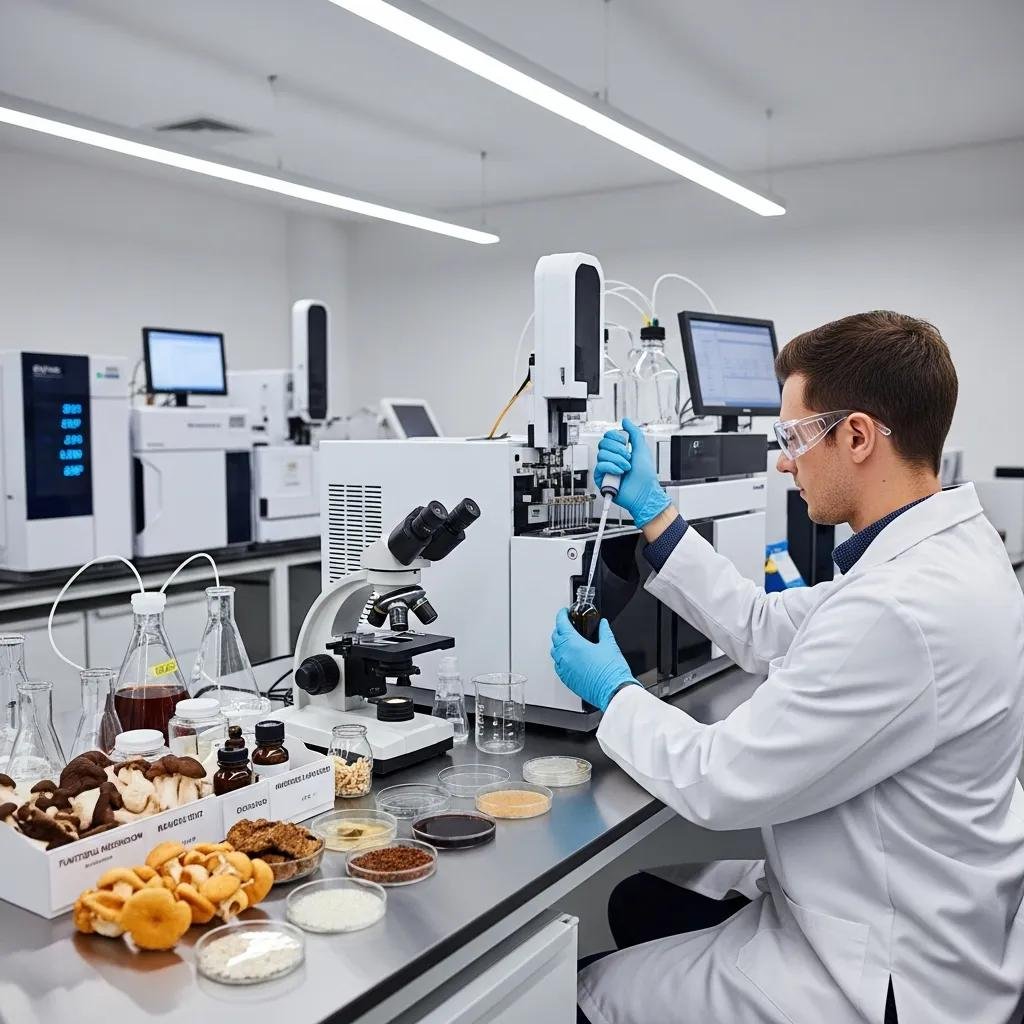 Technician in a third‑party lab testing CBD and mushroom samples to ensure independent verification